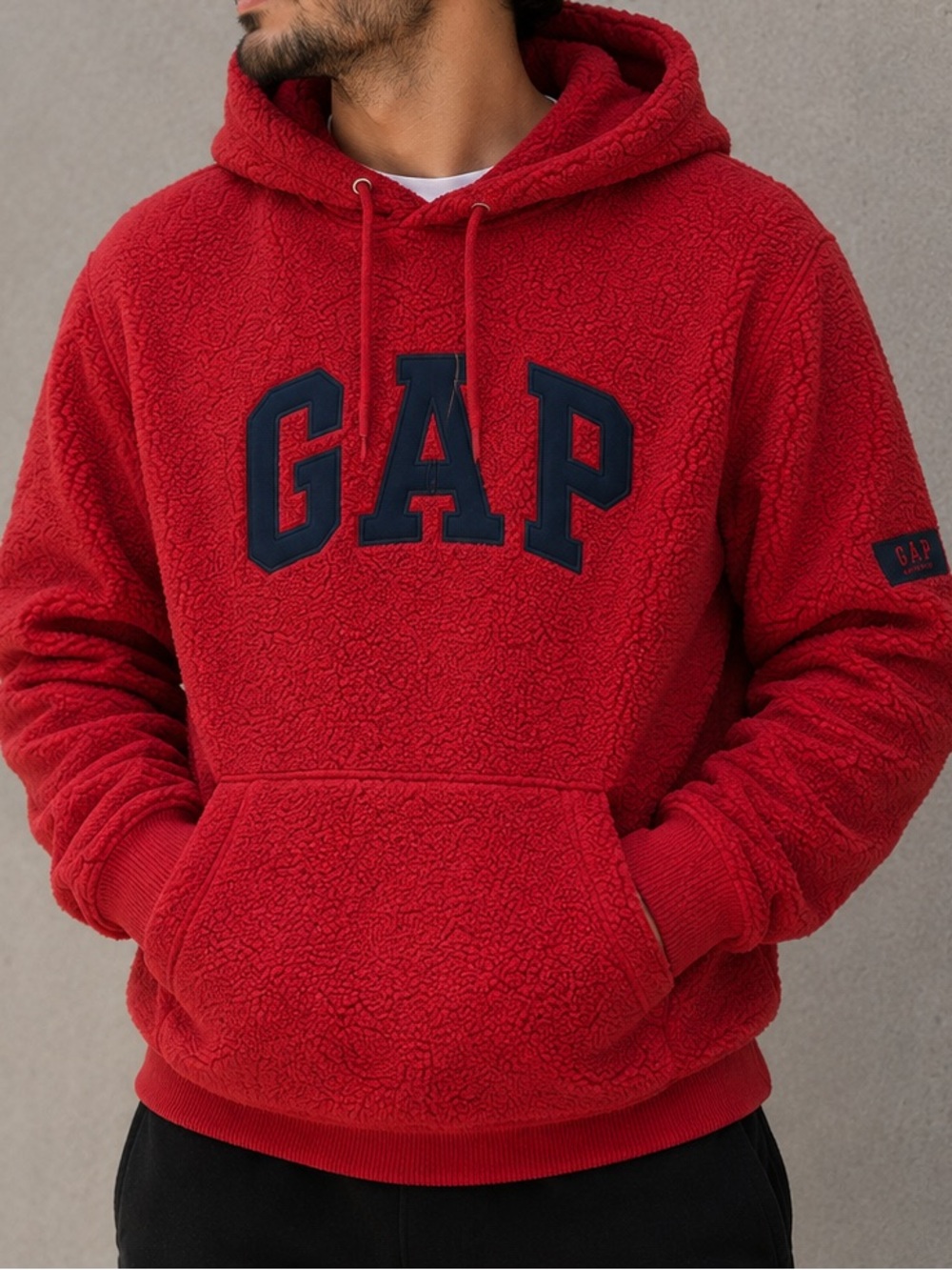 GAP Men's Red Vintage Pullover Hoodie with Navy Logo